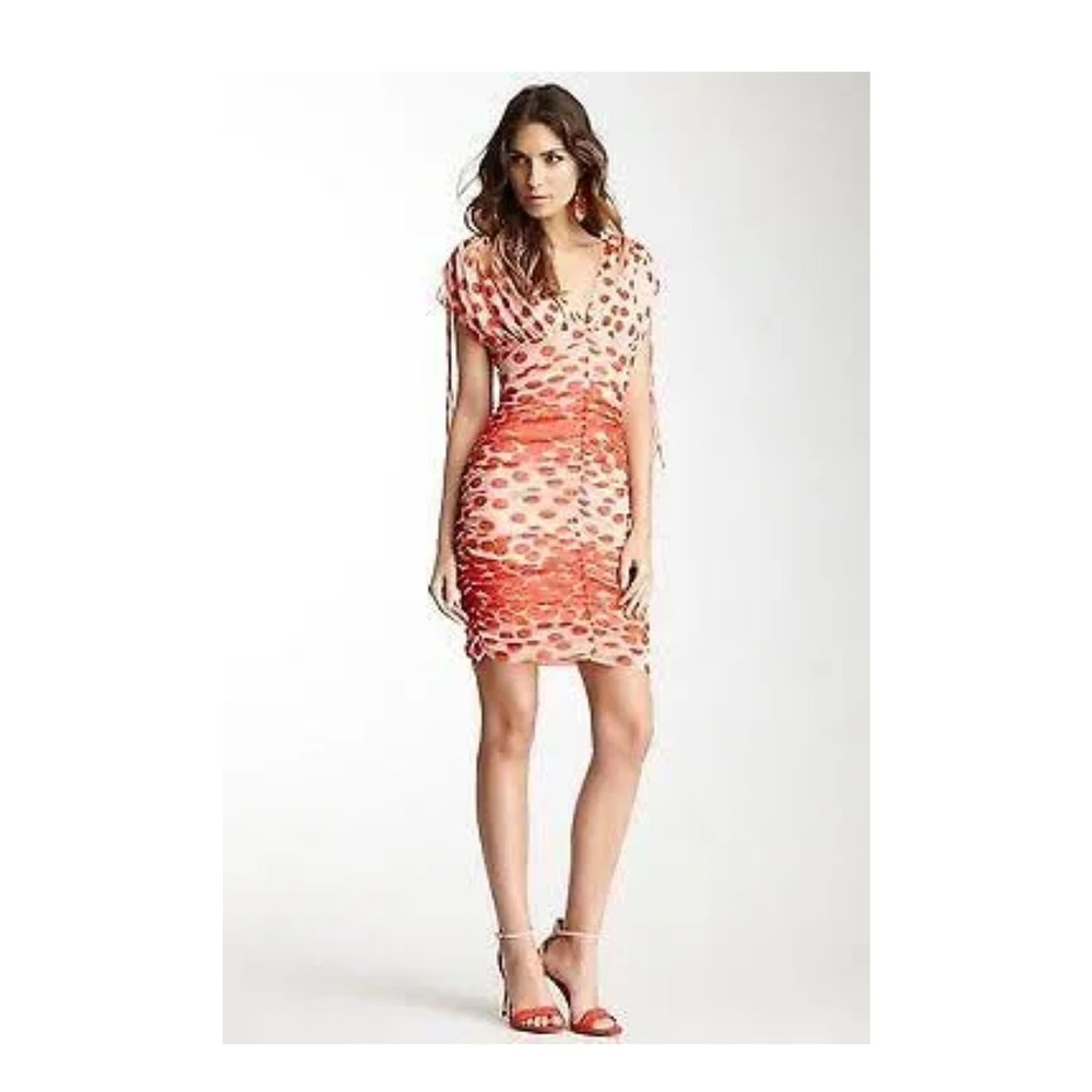 Vertigo Women’s Dots Printed V-Neck Shorts sleeves Ruched  Bodycon Dress